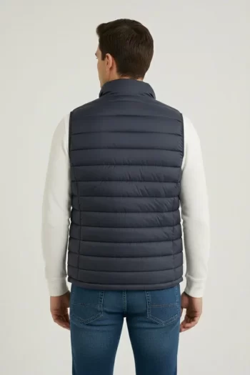 Erkek Şişme Fermuarlı Yelek Su Itici Kapitone Astarlı Kumaş Cepli Hafif Kışlık Spor Rahat Kalıp - Lacivert