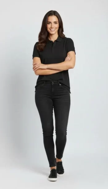 Pike Kumaş Düğmeli Yaka Regular Rahat Günlük Kısa Kol Tişört T-shirt - Siyah