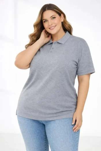 Pike Kumaş Düğmeli Yaka Battal Büyük Beden Günlük Kısa Kol Tişört T-shirt - Gri