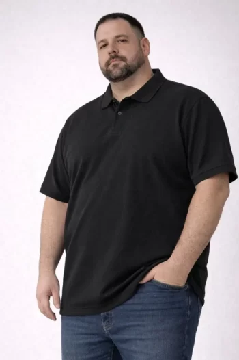 Erkek Pike Kumaş Düğmeli Yaka Battal Büyük Beden Günlük Kısa Kol Tişört T-shirt - Siyah