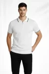 Erkek Fermuarlı Yaka Fitilli Triko Kısa Kollu Regular Fit Tişört T-shirt – Beyaz