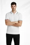 Erkek Fermuarlı Yaka Fitilli Triko Kısa Kollu Regular Fit Tişört T-shirt - Beyaz