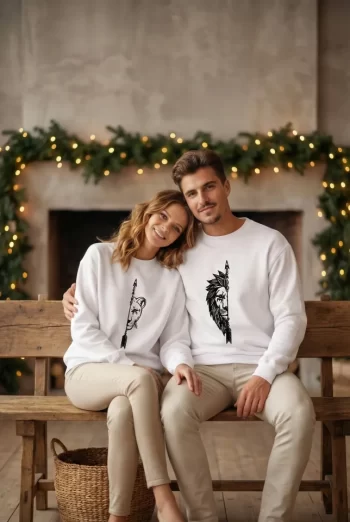 Sevgililer Günü Özel Bisiklet Yaka Aslan Baskılı Oversize Sweatshirt - Beyaz