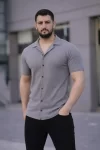 Erkek Waffle Kumaş Kısa Kollu Düğmeli Açık Yaka Regular Fit Gömlek – Gri