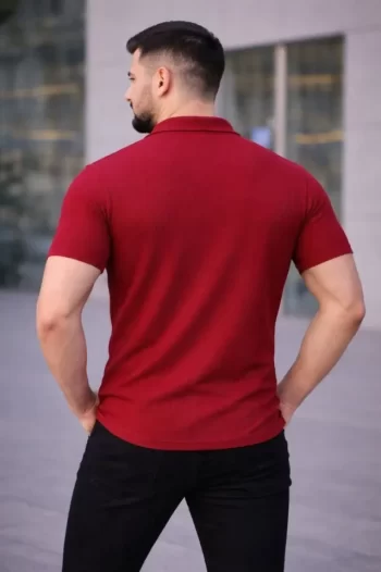 Erkek Waffle Kumaş Kısa Kollu Düğmeli Açık Yaka Regular Fit Gömlek - Kırmızı