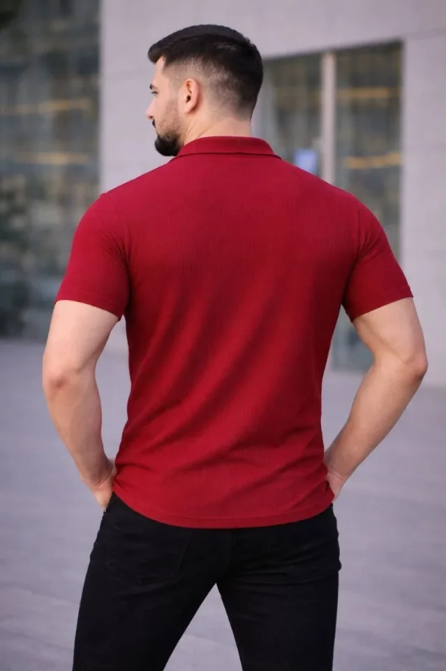 Erkek Waffle Kumaş Kısa Kollu Düğmeli Açık Yaka Regular Fit Gömlek - Kırmızı Erkek Waffle Kumaş Kısa Kollu Düğmeli Açık Yaka Regular Fit Gömlek - Kırmızı