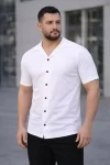 Erkek Waffle Kumaş Kısa Kollu Düğmeli Açık Yaka Regular Fit Gömlek – Beyaz