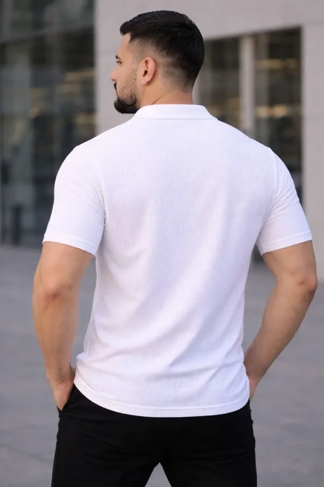 Erkek Waffle Kumaş Kısa Kollu Düğmeli Açık Yaka Regular Fit Gömlek - Beyaz Erkek Waffle Kumaş Kısa Kollu Düğmeli Açık Yaka Regular Fit Gömlek - Beyaz