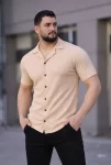 Erkek Waffle Kumaş Kısa Kollu Düğmeli Açık Yaka Regular Fit Gömlek – Bej