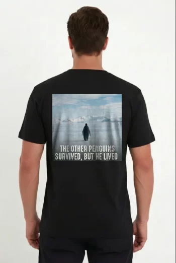 Erkek Oversize Tişört - Sırt Baskılı Survivor Penguin Temalı
