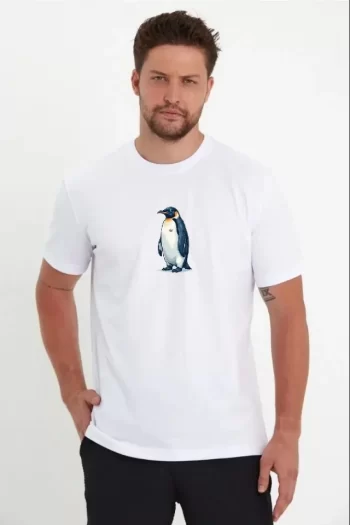 Erkek Oversize Tişört - Sırt Baskılı Survivor Penguin Temalı