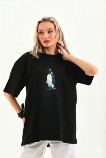 Oversize Tişört - Sırt Baskılı Survivor Penguin Temalı