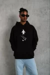 Erkek Nihilist Penguen Temalı Oversize Kapüşonlu Sweatshirt – Siyah