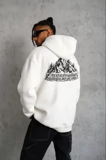 Erkek Nihilist Penguen Temalı Oversize Kapüşonlu Sweatshirt - Beyaz