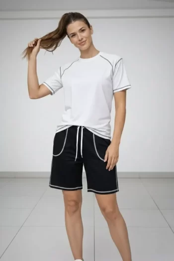 Spor Tişört Şort Takım Kontrast Dikiş Detaylı Ovarsize Rahat Kalıp - Beyaz