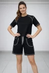 Spor Tişört Şort Takım Kontrast Dikiş Detaylı Ovarsize Rahat Kalıp – Siyah