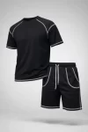 Erkek Spor Tişört Şort Takım Kontrast Dikiş Detaylı Ovarsize Rahat Kalıp – Siyah