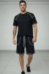 Erkek Spor Tişört Şort Takım Kontrast Dikiş Detaylı Ovarsize Rahat Kalıp – Siyah