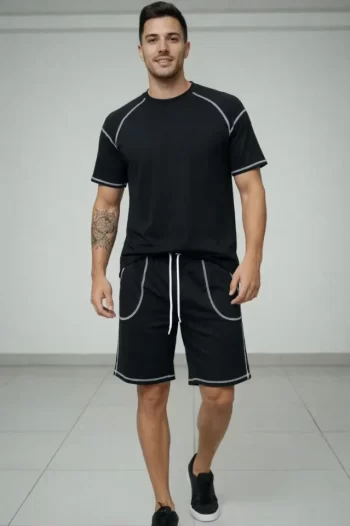 Erkek Spor Tişört Şort Takım Kontrast Dikiş Detaylı Ovarsize Rahat Kalıp - Siyah
