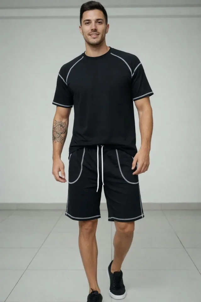 Erkek Spor Tişört Şort Takım Kontrast Dikiş Detaylı Ovarsize Rahat Kalıp - Siyah Erkek Spor Tişört Şort Takım Kontrast Dikiş Detaylı Ovarsize Rahat Kalıp - Siyah