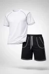 Erkek Spor Tişört Şort Takım Kontrast Dikiş Detaylı Ovarsize Rahat Kalıp – Beyaz