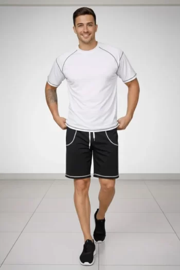 Erkek Spor Tişört Şort Takım Kontrast Dikiş Detaylı Ovarsize Rahat Kalıp - Beyaz