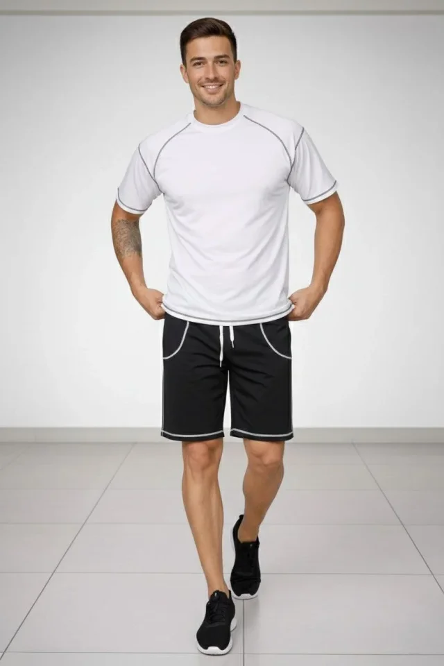 Erkek Spor Tişört Şort Takım Kontrast Dikiş Detaylı Ovarsize Rahat Kalıp - Beyaz Erkek Spor Tişört Şort Takım Kontrast Dikiş Detaylı Ovarsize Rahat Kalıp - Beyaz