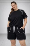 Battal Beden Kısa Kollu Tişört Şort Takım Kontrast Dikiş Detaylı Günlük Ev Giyimi – Siyah