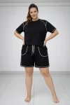 Battal Beden Kısa Kollu Tişört Şort Takım Kontrast Dikiş Detaylı Günlük Ev Giyimi – Siyah