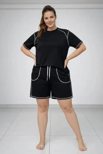 Battal Beden Kısa Kollu Tişört Şort Takım Kontrast Dikiş Detaylı Günlük Ev Giyimi - Siyah