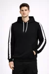 Erkek Şeritli Kapüşonlu Sweatshirt Oversize 3 Iplik Pamuklu – Siyah