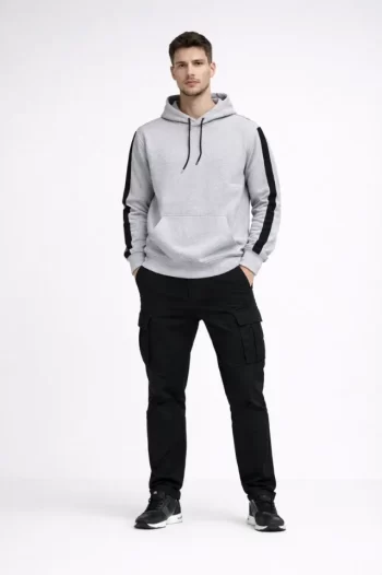 Erkek Şeritli Kapüşonlu Sweatshirt Oversize 3 Iplik Pamuklu - Beyaz