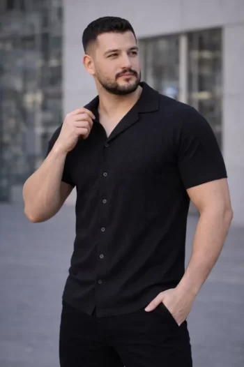 Erkek Waffle Dokuma Açık Yakalı Düğmeli Regular Kalıp 3’lü Gömlek Seti - Siyah