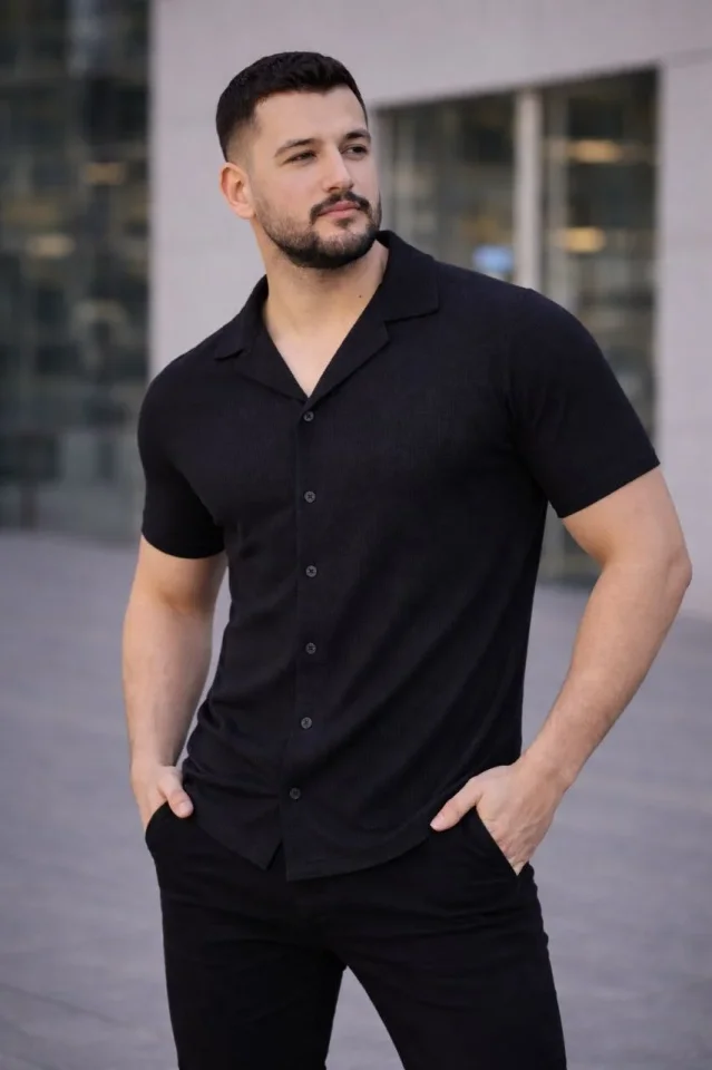 Erkek Waffle Dokuma Açık Yakalı Düğmeli Regular Kalıp 3’lü Gömlek Seti - Siyah Erkek Waffle Dokuma Açık Yakalı Düğmeli Regular Kalıp 3’lü Gömlek Seti - Siyah