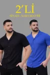 Erkek Waffle Dokuma Açık Yakalı Düğmeli Regular Kalıp 2’li Gömlek Seti – Siyah – Saks Mavisi
