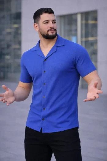 Erkek Waffle Dokuma Açık Yakalı Düğmeli Regular Kalıp 2’li Gömlek Seti - Siyah - Saks Mavisi