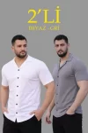 Erkek Waffle Dokuma Açık Yakalı Düğmeli Regular Kalıp 2’li Gömlek Seti – Beyaz – Gri