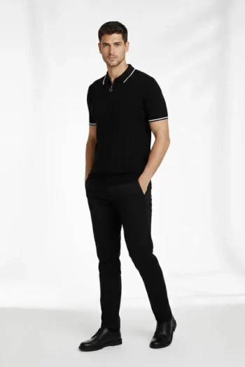 Erkek 2’li Paket Dokuma Triko Fermuarlı Yakalı Fitilli Kısa Kollu Regular Fit Tişört - Beyaz - Siyah