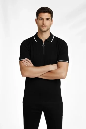 Erkek 2’li Paket Dokuma Triko Fermuarlı Yakalı Fitilli Kısa Kollu Regular Fit Tişört - Haki - Siyah