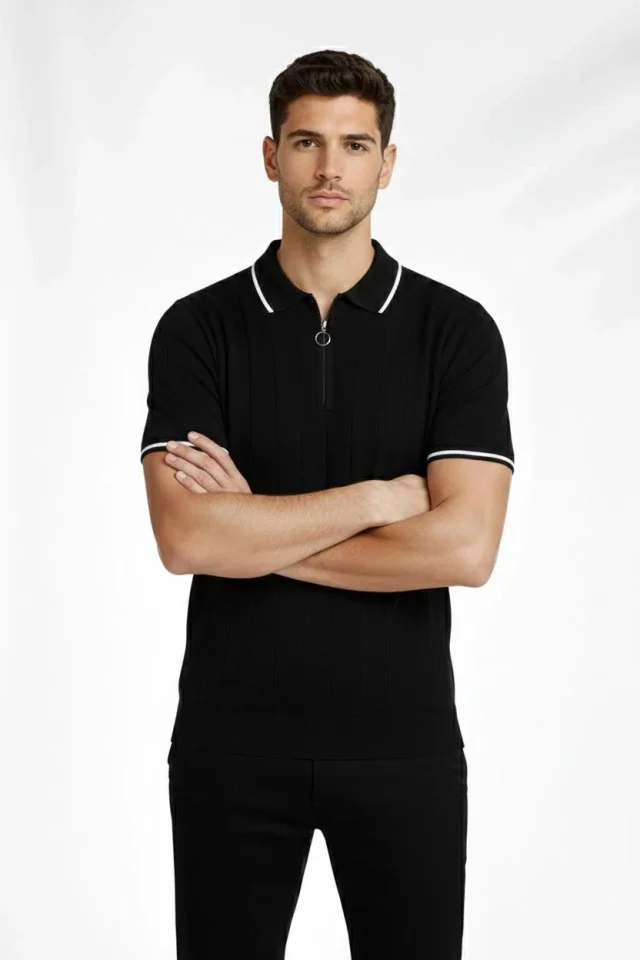 Erkek 2’li Paket Dokuma Triko Fermuarlı Yakalı Fitilli Kısa Kollu Regular Fit Tişört - Haki - Siyah Erkek 2’li Paket Dokuma Triko Fermuarlı Yakalı Fitilli Kısa Kollu Regular Fit Tişört - Haki - Siyah