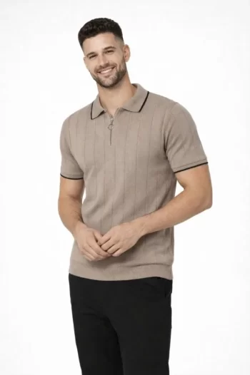 Erkek 3’lü Paket Dokuma Triko  Fermuarlı Yakalı Fitilli Kısa Kollu Regular Fit Tişört - Kahverengi