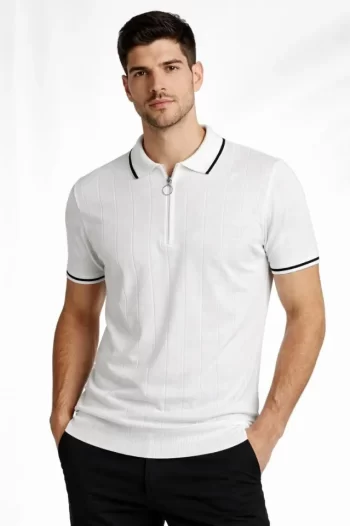 Erkek 3’lü Paket Dokuma Triko  Fermuarlı Yakalı Fitilli Kısa Kollu Regular Fit Tişört - Beyaz