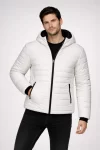 Erkek Şişme Kapüşonlu Fermuarlı Mont Su Itici Kapitone Astarlı Kumaş Cepli Kışlık Rahat Kalıp – Krem