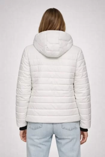 Şişme Kapüşonlu Fermuarlı Mont Su Itici Kapitone Astarlı Kumaş Cepli Kışlık Rahat Kalıp - Krem