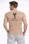 Erkek Fitilli Atlet Sıfır Yaka Slim Fit Arka Baskılı Spor Atlet – Bej