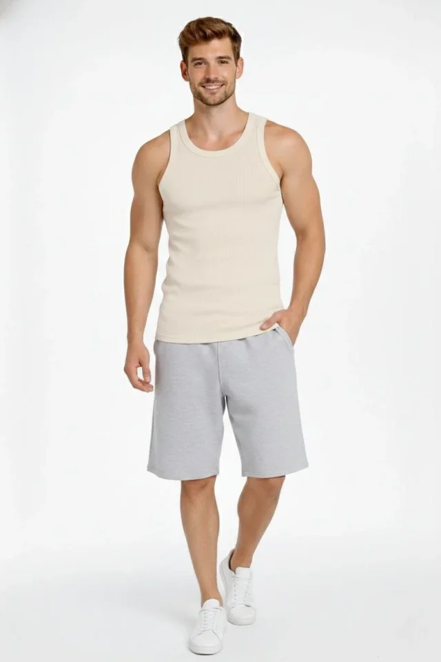 Erkek Fitilli Atlet Sıfır Yaka Slim Fit Arka Baskılı Spor Atlet - Krem Erkek Fitilli Atlet Sıfır Yaka Slim Fit Arka Baskılı Spor Atlet - Krem