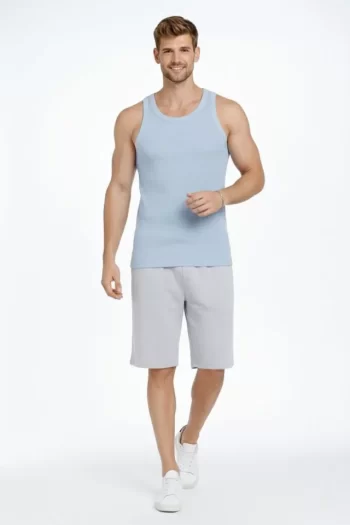 Erkek Fitilli Atlet Sıfır Yaka Slim Fit Arka Baskılı Spor Atlet - Bebe Mavisi