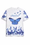 Asit Yıkamalı Oversize Tişört Mavi Kelebek Baskılı Dijital Print Bisiklet Yaka Streetwear T-Shirt – Beyaz