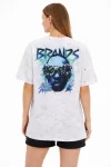 Asit Yıkamalı Oversize Tişört Future Worlds Baskılı Bisiklet Yaka Kısa Kollu Streetwear %100 Pamuk Street Style T-Shirt – Beyaz
