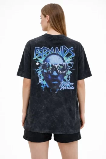 Asit Yıkamalı Oversize Tişört Future Worlds Baskılı Bisiklet Yaka Kısa Kollu Streetwear %100 Pamuk Street Style T-Shirt - Siyah